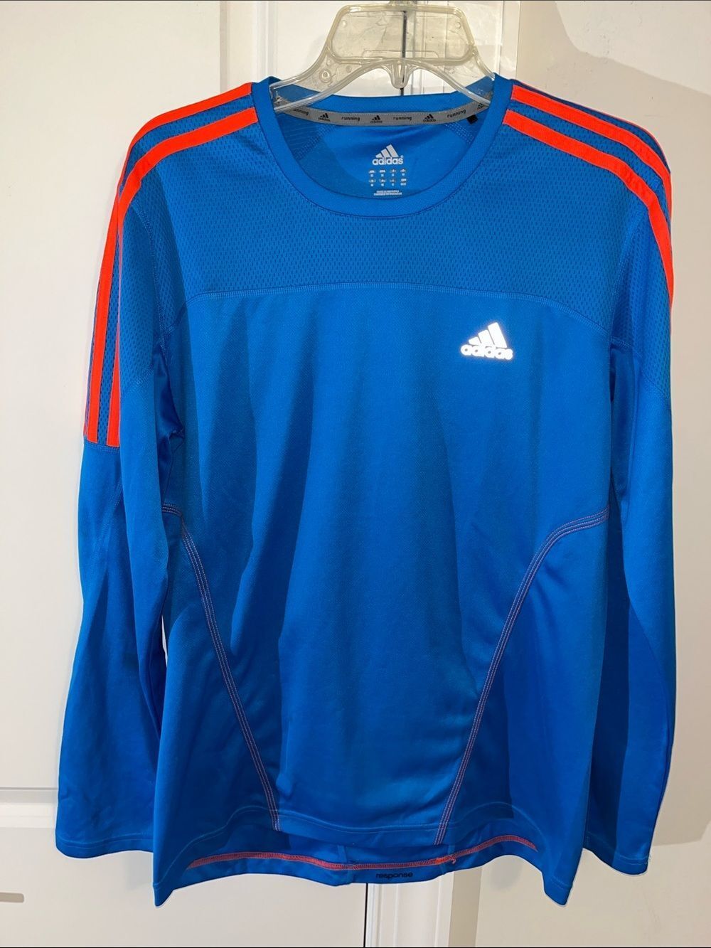 Adidas 3 stripe sleeve Neon Red Blue Climalite Work out LS running shirt M